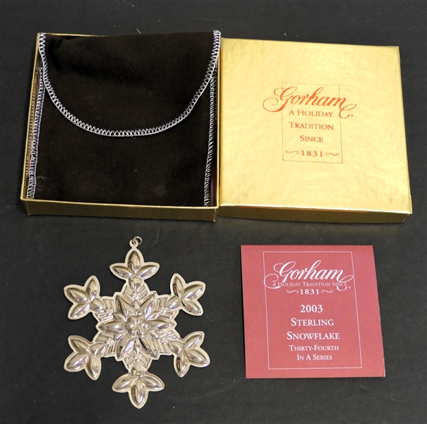 Gorham 2003 Thirty Fourth Annual Snowflake Sterling Ornament - In Original Box with Felt Pouch - $84 Original Price - Each Ornament Measures 3 1/2" Across