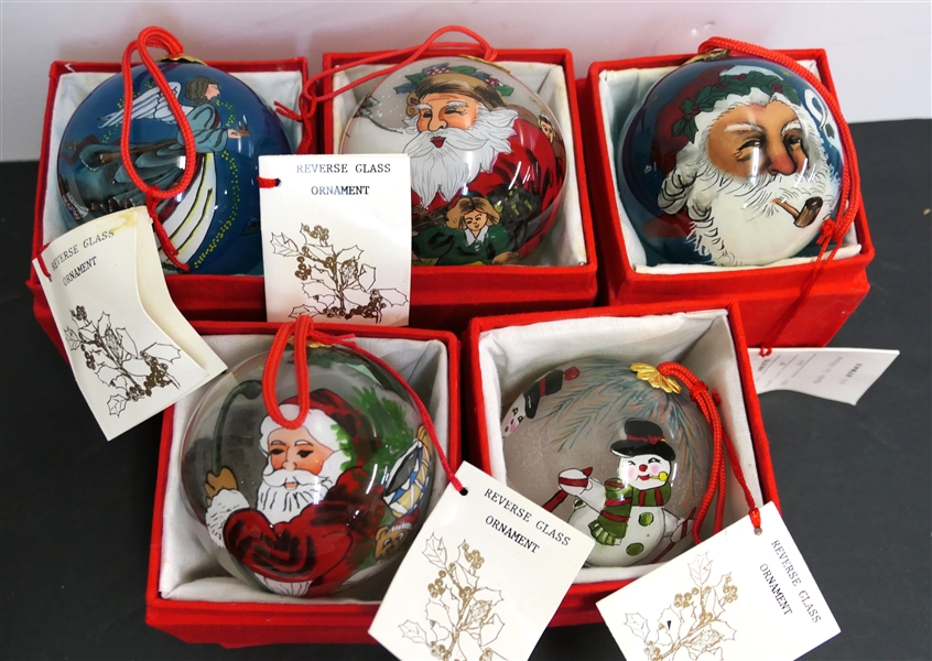 5 - Reverse Painted Glass Christmas Ornaments - Santa, Snowman, Angel - Each New in Original Fitted Box with Original Paper Tag