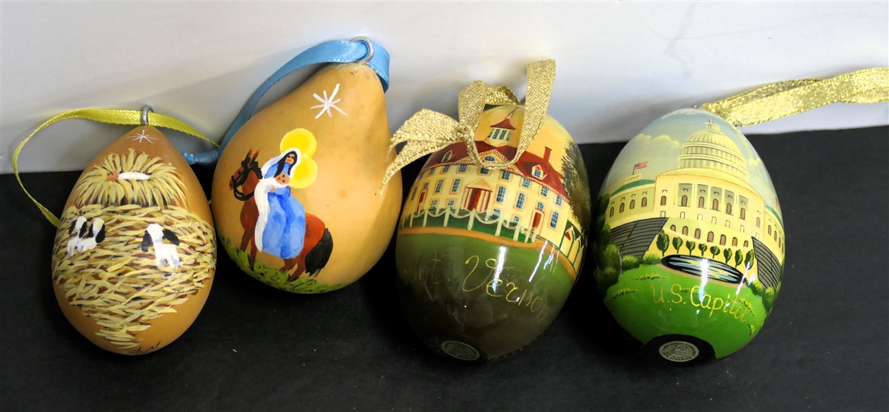 4 Hand Painted Wooden Egg Ornaments - 2 - Russian Painted Mount Vernon, US Capitol. 2 Hand Painted Gourds -  Mary, and Baby Jesus in the Manger