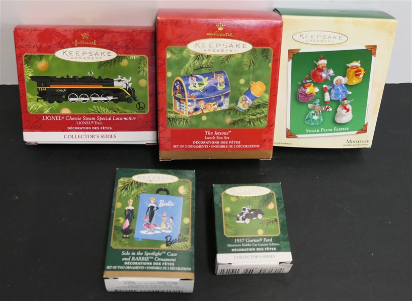 5 - Hallmark Keepsake Ornaments in Original Boxes - "Burble", "The Jetsons", "Lionel Train", "Sugar Plum Fairies", and "1937 Ford Garton" 