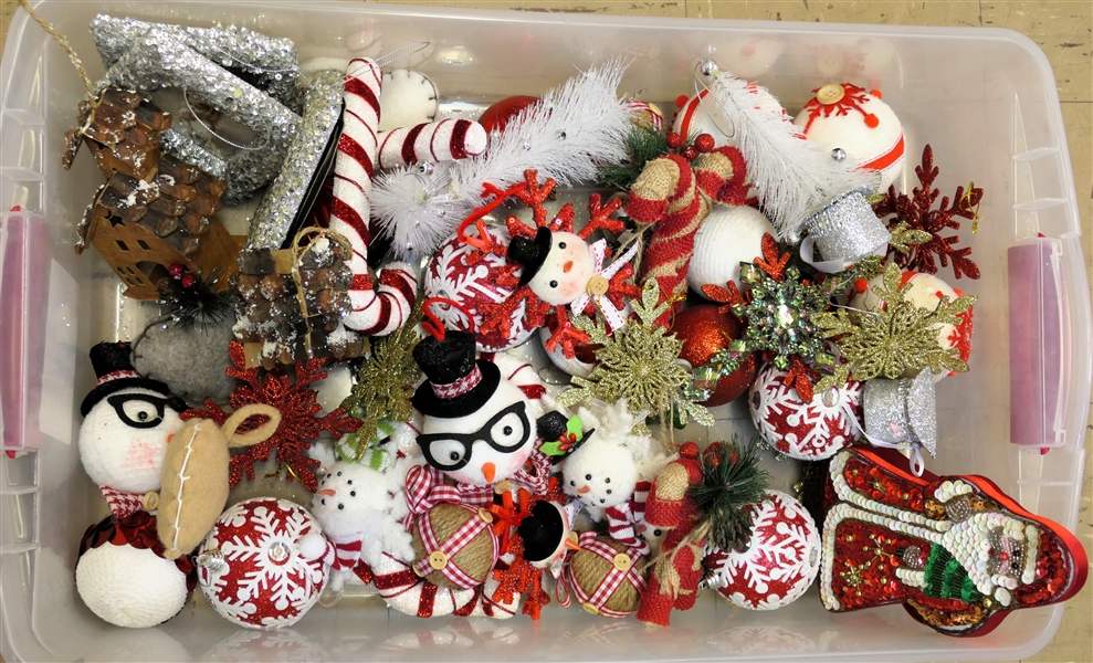 Storage Tote Full of Excellent Christmas Ornaments including Snow Men, Houses, Glitter Frames, Burlap Candy Canes, Stars, Beaded Santa Box, and Bottle Brush Trees