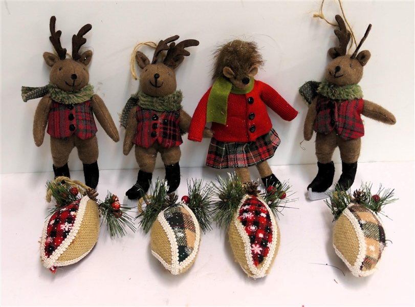 8 Adorable Christmas Ornaments - Deer and Hedge Hog in Jackets and Plaid Vests and Burlap Ornaments - Hedgehog Measures 8"