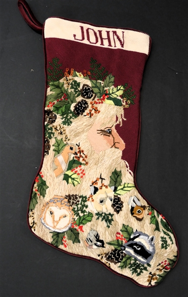 Outstanding Woodland Santa Needlepoint Stocking "John" Embroidered  - Santa with Owl, Racoon, Birds, Chipmunk - Beautifully Stitched with Metallic Threading Silk Lined