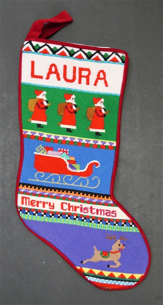 "Laura" Needlework Merry Christmas Stocking - Bright Green, Blue, and Purple with Needlepoint Santa, Sleigh, and Reindeer 