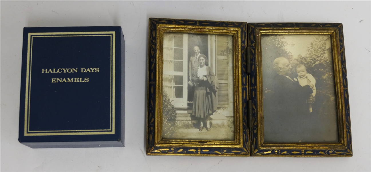 Made in Italy Bi Fold Wooden Frame and Halcyon Days Enamels Pill Box "Never Economise on Luxuries" in Original Velvet Lined Fitted Box - Frame Measures 4 1/8" by 3" Per Side