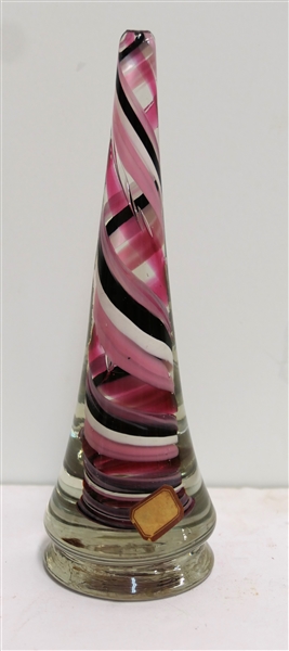 Hand Blown Art Glass Paperweight with Pink, White, and Black Spiral Threading - Landyke 1936 Sticker on Bottom - Paperweight Measures 7 1/2" Tall 