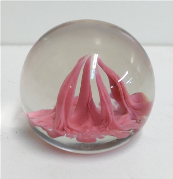 Art Glass Paperweight with Pink Abstract Design - Measures 2 1/2" Tall 3" Across