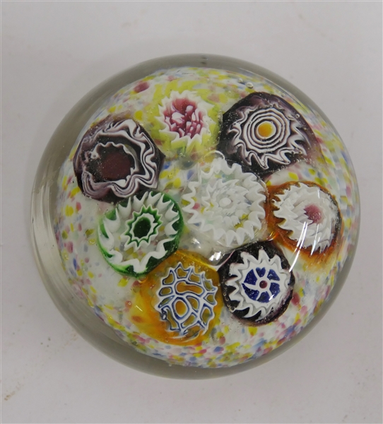 Beautiful Art Glass Millefiori Paperweight with 8 Large Millefiori Flowers - Measures 1 1/2" tall 3" Across