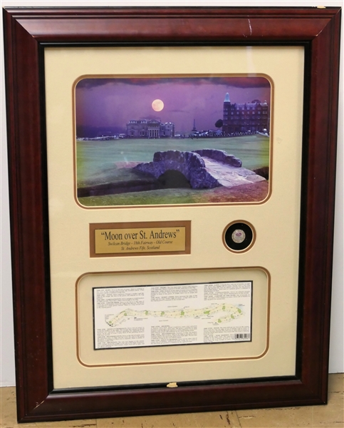 "Moon Over St. Andrews" Swilcan Bridge - 18th Fairway - Old Course St. Andrews Fife, Scotland - Limited Edition Framed Photograph with Map and Medallion - Limited 1287/2004 - Third Edition  -...