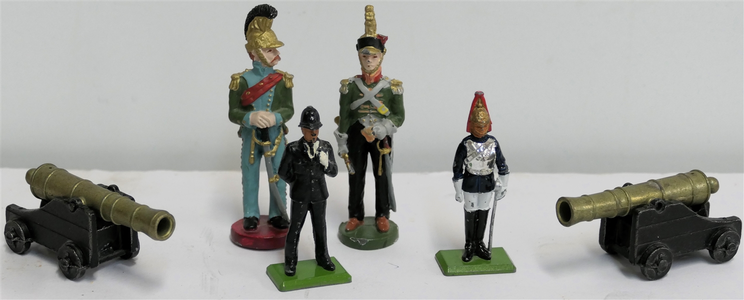 2 Britains Lead Soldiers - Made in England 1973 and 1986, 2 Metal Penncraft Replica Cannons, and 2 Lead Soldiers 