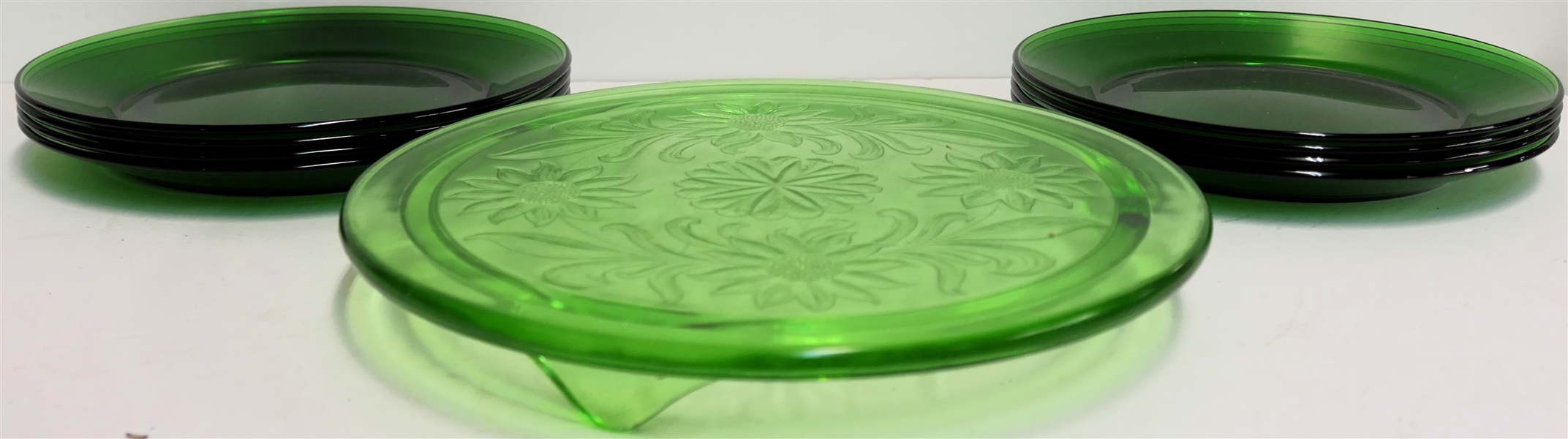 8 - 8"  Forest Green Dessert Plates and Green Depression Glass "Sunflower" 10" Footed Cake Plate