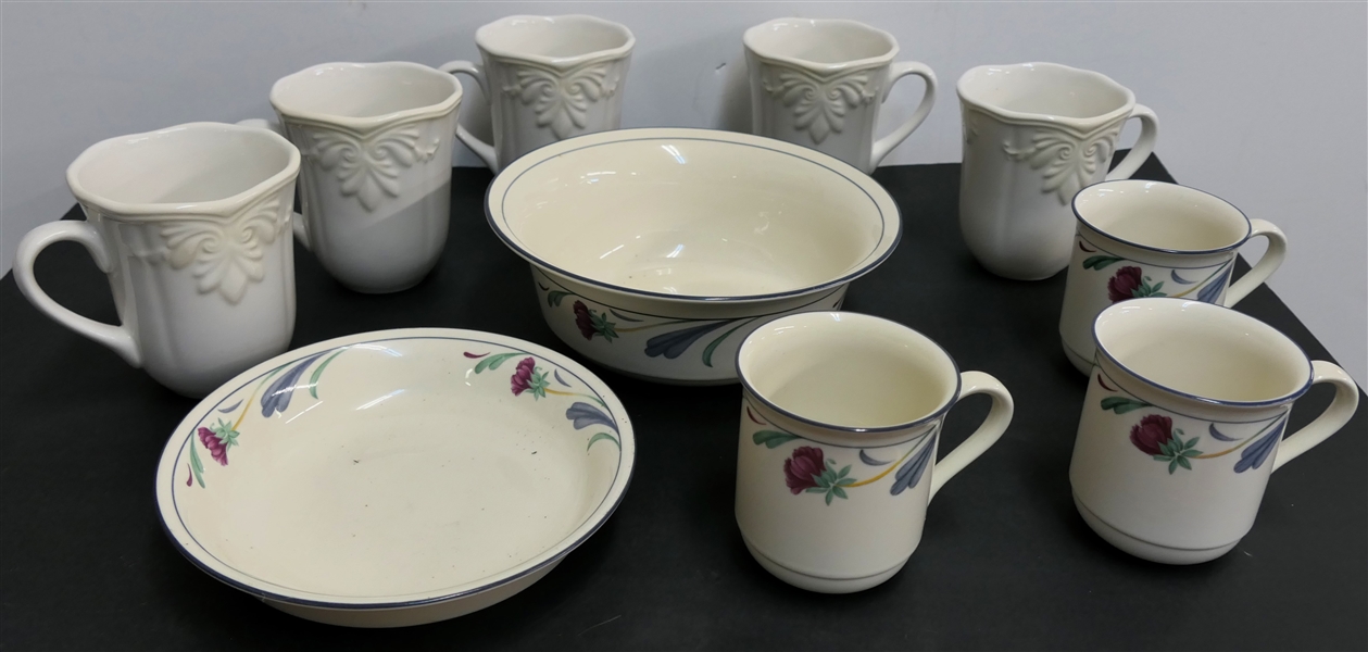 10 Pieces of Lenox including 5 Oversized Mugs, 3 "Poppies" on Blue Mugs, 1 - 9" Serving Bowl, and Smaller Bowl 