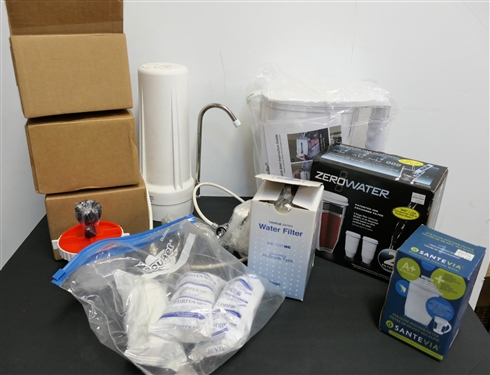 Water Filter Purification Lot including New Seychells Pitcher, 3 Seychelles Replacement Filters, Sink Water Filter, Britia Filter Cartridges, and Zero Water Filter 