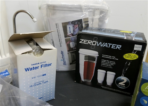 Water Filter Purification Lot including New Seychells Pitcher, 3 Seychelles Replacement Filters, Sink Water Filter, Britia Filter Cartridges, and Zero Water Filter 