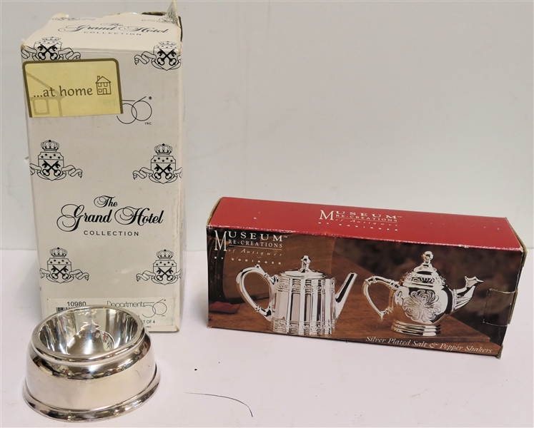 Museum Re- Creations by Godinger - Silver Plated Salt and Pepper Shakers and Set of 4 Department 56 "The Grand Hotel Collection" Butter Pats - Both in Original Boxes