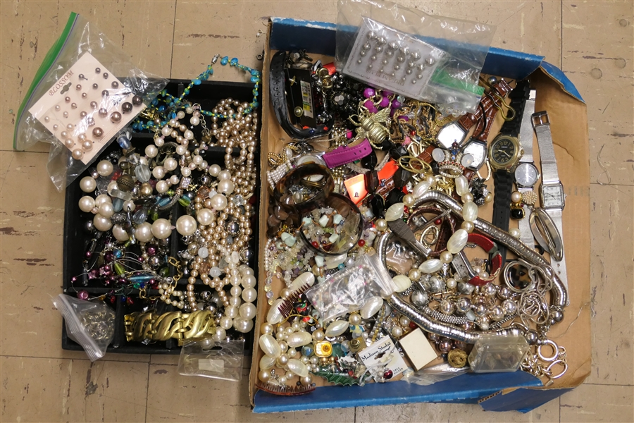 Large Lot of Costume Jewelry including Beaded, Brooches, Bracelets, Earrings, Watches, Enamel Holly Pin, New Earrings, Pearls, Turquoise, Etc. 