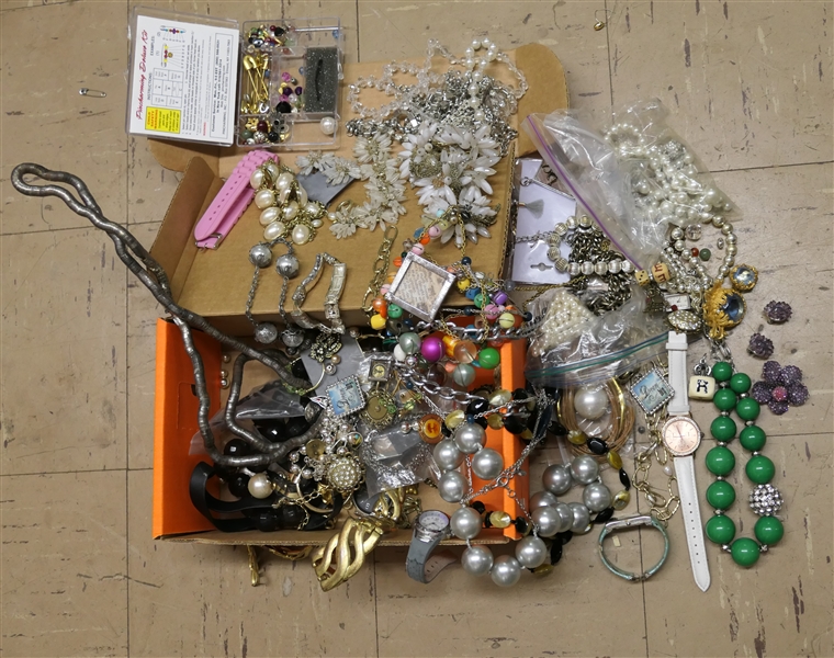 Large Lot of Costume Jewelry - Necklaces, Pearls, Pins, Talbots New Earrings and Bracelet, Beads, Pretty Blue Brooch and Matching Clip on Earring,  Etc. 