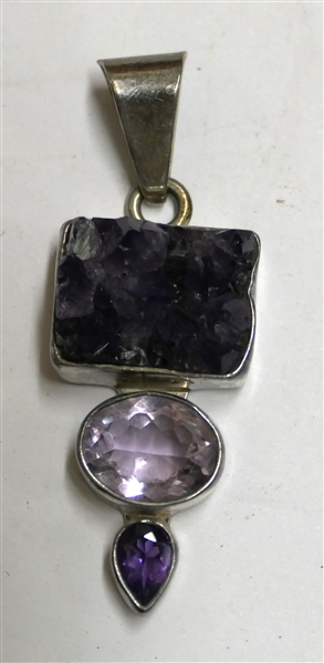 Charles Albert "Fine Sterling Silver" Amethyst Pendant - Rough Crystal and Faceted Amethyst Stones - Measures 2 1/4" Long