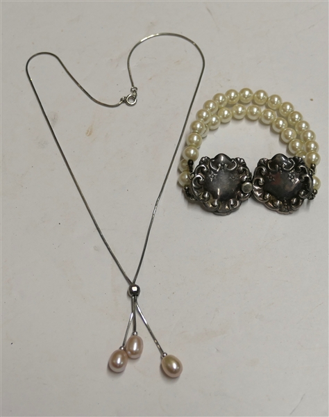 Pearl Bracelet with Large Sterling Silver Clasp and Sterling Silver Lariat Necklace with 3 Pearls - Bracelet Measures 7"