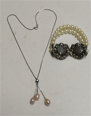Pearl Bracelet with Large Sterling Silver Clasp and Sterling Silver Lariat Necklace with 3 Pearls - Bracelet Measures 7