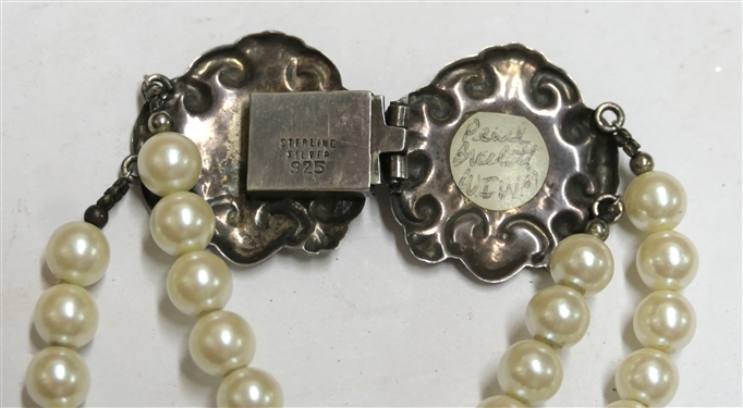 Pearl Bracelet with Large Sterling Silver Clasp and Sterling Silver Lariat Necklace with 3 Pearls - Bracelet Measures 7