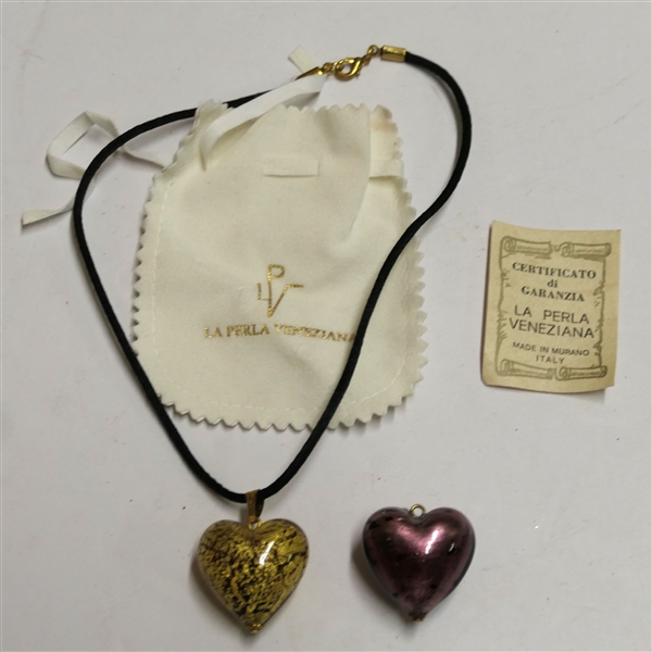 La Perla Veneziana - Made in Murano Italy - Satin Cord Necklace with 2 Hand Blown Murano Glass Heart Pendants - Blown with 22kt Gold - Including 