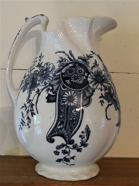 Stoke Pottery Large Blue Transferware Pitcher - Beautiful Blue Floral Decoration - Pitcher Measures 12 1/2" Tall 9" Spout to Handle 