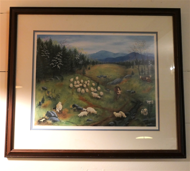 Queena Stovall - Nov. 1958 - Print - Sheep and Cows in Rolling Hills - Beautifully Framed and Matted - Artist information on Back - Frame Measures 19" by 22" 