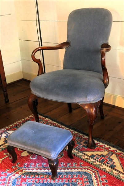 Nineteenth Century Mahogany Queen Anne Style Ladies  Arm Chair and Matching Ottoman - Slipper Foot -- Blue Velvet Upholstery - Chair Measures 36" Tall 24" by 19" 