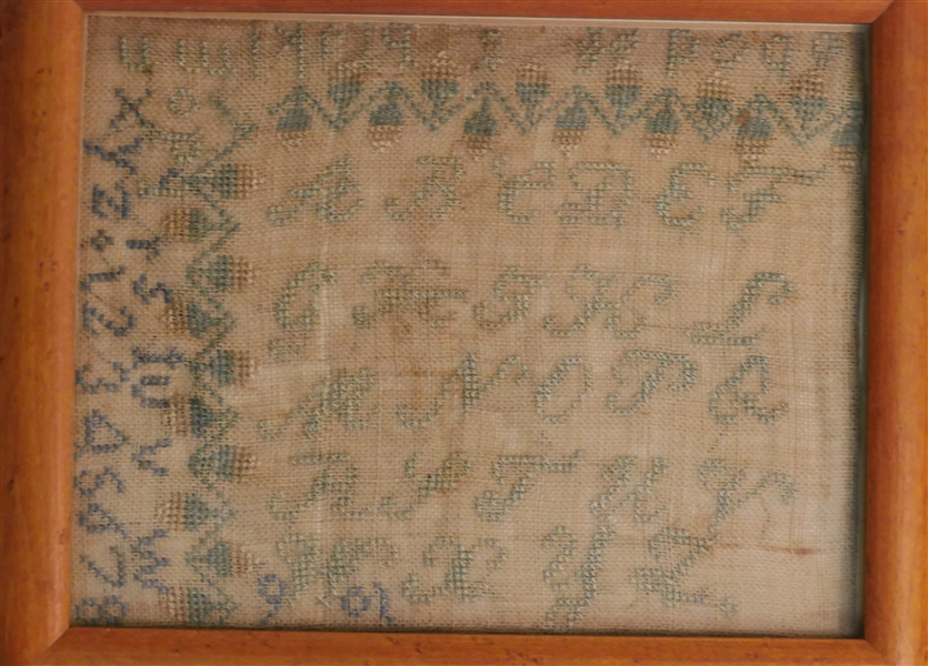 Nineteenth Century Hand Stitched Cross Stich Sampler - Alphabet and Numbers - Sampler is Framed - Frame Measures 10 1/2" by 12" 