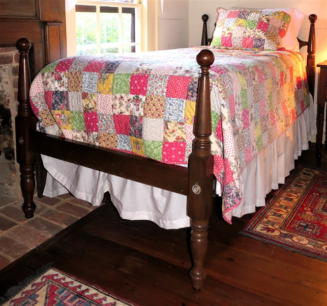 Twin Size Cannon Ball Bed - Custom Made by Milton Parker - Newcombs Reproductions - Durham, NC - 1985 - Wood Headboard, Footboard, and Rails - With Pottery Barn Patchwork Coverlet, and Pillow Shams