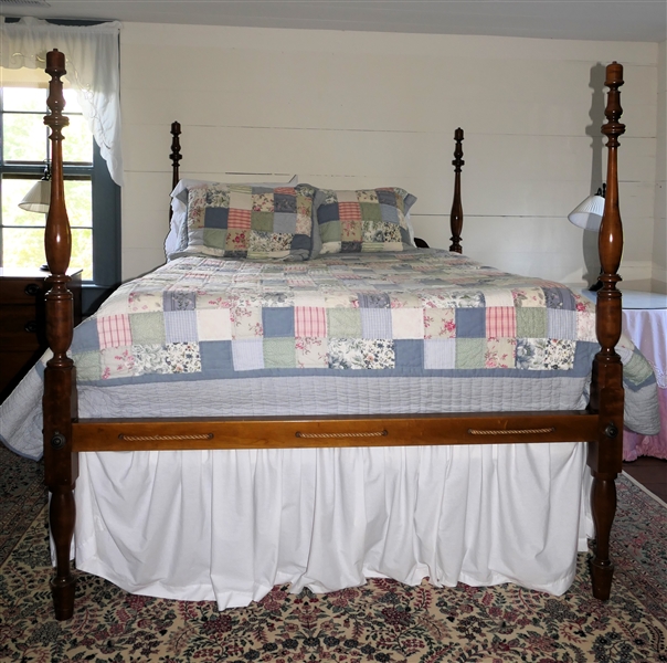 Walnut Queen Size Poster Rope Bed  - Custom Made Bed to Look Like a Rope Bed - Acorn Finials  - Wood Rails with Faux Rope Construction - with Eddie Bauer Home Coverlet and Shams