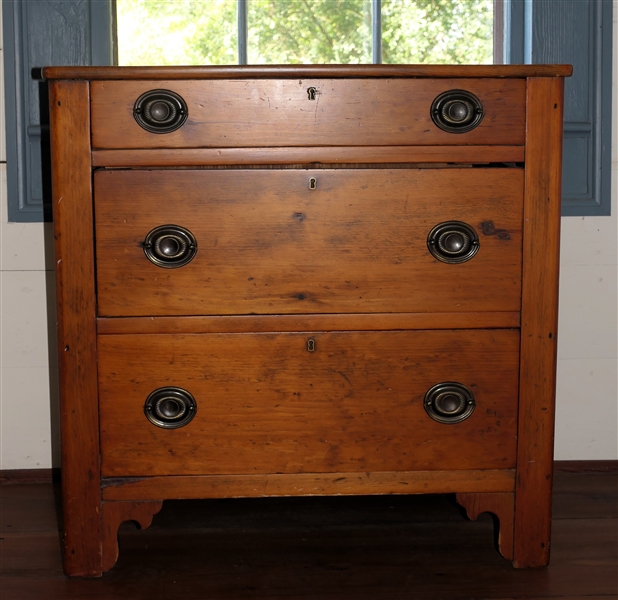 Pine 3 Drawer Chest - 3 Dovetailed Drawers - 3 Board Back - Scalloped Feet - Great Size - Chest Measures 31" Tall 31" by 15" 