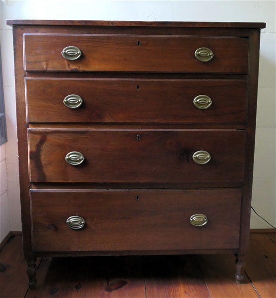 Southern Walnut Pegged Sheraton Chest of Drawers - Pine Secondary Wood - 4 Dovetailed Drawers with Original Locks - Nice Brass Pulls - Paneled Ends - Measures  45 1/2" Tall 40 1/2" by 19" 