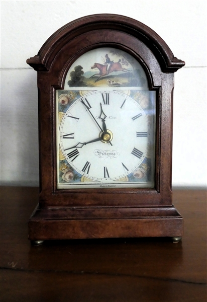 English Desk Clock with Hunt Scene - Quartz Movement - Pretty Dial - Nice Wood Case - Clock Measures 7 1/2" tall 5" by 3"