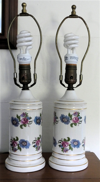 Pair of Pink and Blue Floral Ceramic Table Lamps - Each Measures 12" To  Bulb