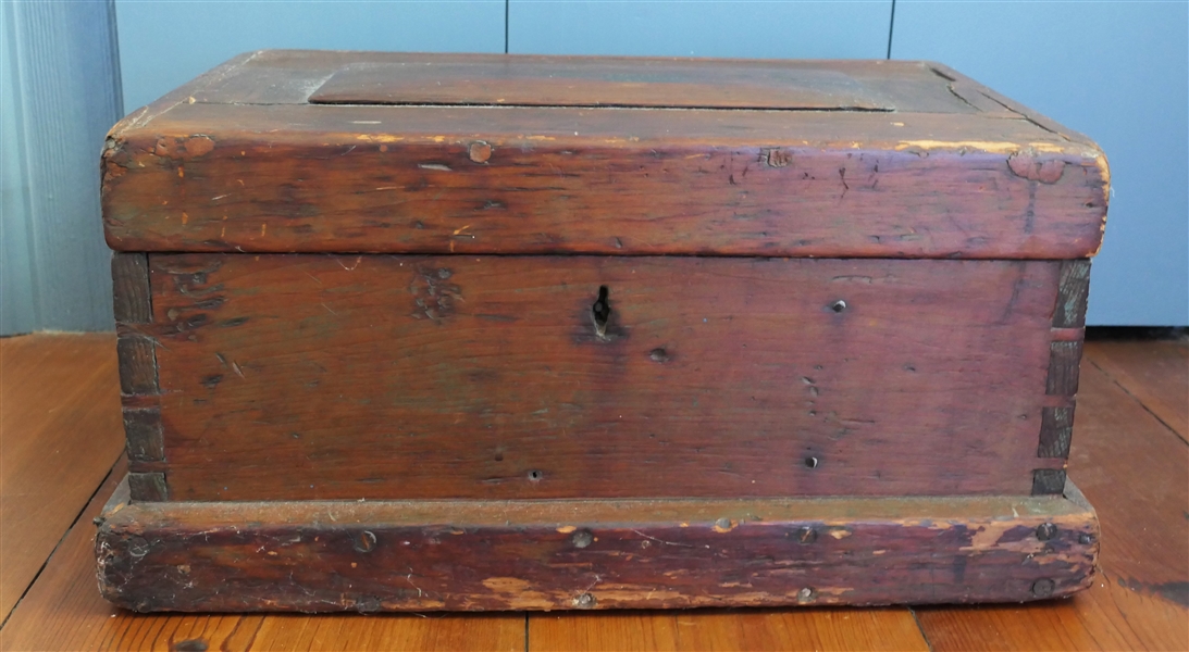 Small Pine Dovetailed Childs Tool Chest - Raised Panel Top -Blue Painted Interior  -  Chest Measures 10" Tall 19 1/2" by 12" 