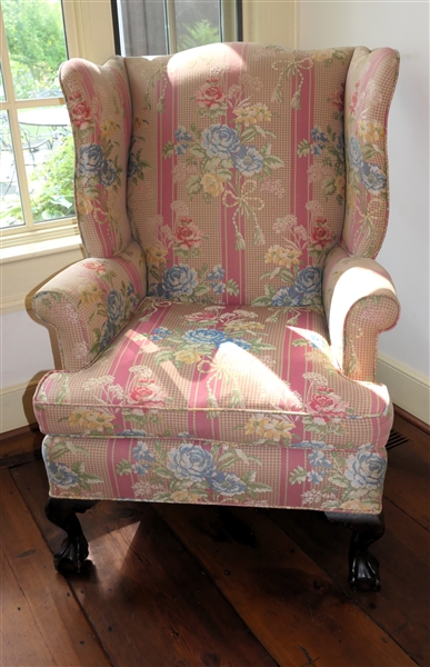 Chippendale Style Wing Back Chair - Embroidered Floral Upholstery - Wood Ball and Claw Feet - Chair Measures 42" tall 28" by 26" 