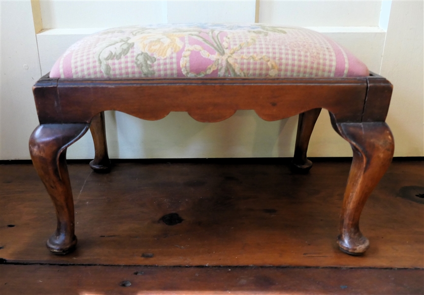 Queen Anne Foot Stool with Scalloped Apron - Embroidered Floral Upholstery - Stool Measures 9" Tall 11" by 16" 