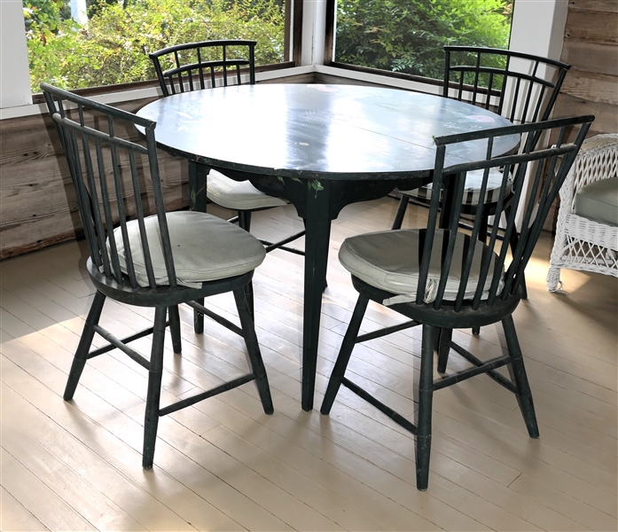 Beautiful Floral Painted Breakfast Table with 4 Matching Painted Windsor Chairs -  Table with Painted Flowers Vines, and Leaves Measures 30" Tall 45 3/8" Across