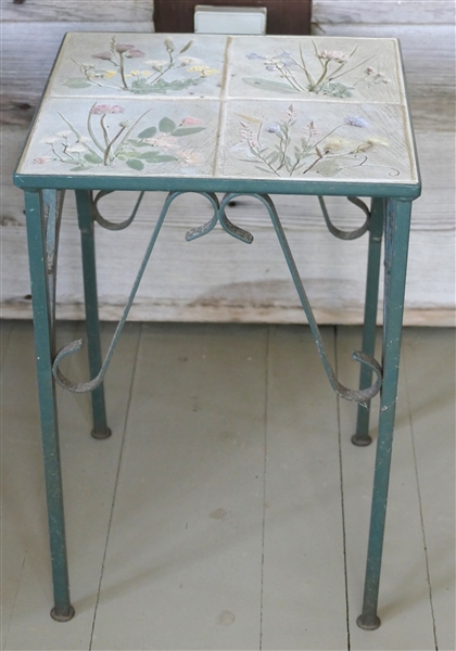 Heavy Iron Tile Top Table with Beautiful Floral Tiles -  with 18" Tall 12 1/2" by 12 1/2" 