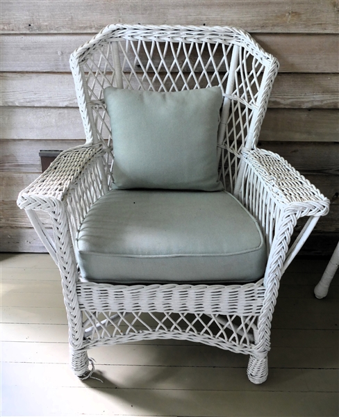 Nice Wicker Club Chair with Green Upholstered Cushions - White Painted - Good Condition 