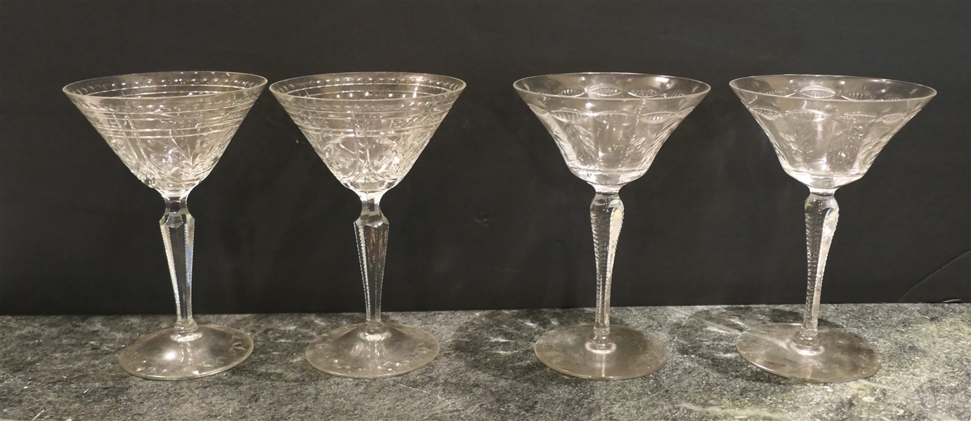 4 Beautiful Cut Glass Champagne Coupes - Cut Flowers and Leaves - Each Measures 6 1/2" Tall 