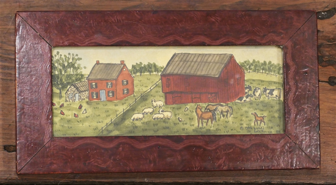 "The Farm" by Bobbi Becker - Dated 1986 - Hand Painted Frame  - Frame Measures 4 1/2" by 8 1/2" 