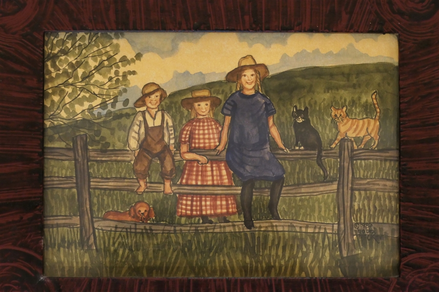 Children on Fence by Bobbi Becker 1986 - Hand Grain Painted Frame - Frame Measures 7 1/2" by 9 1/2" 