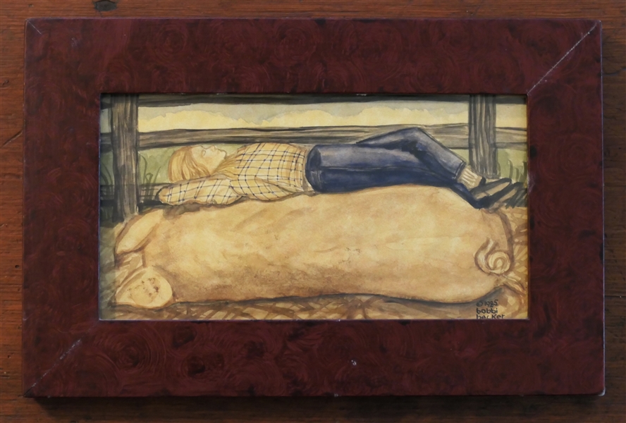 "Girl Snoozing on Piggie" By Bobbi Becker 1985 - Hand Painted Frame - Frame Measures 7 1/2" by 11 1/2" 