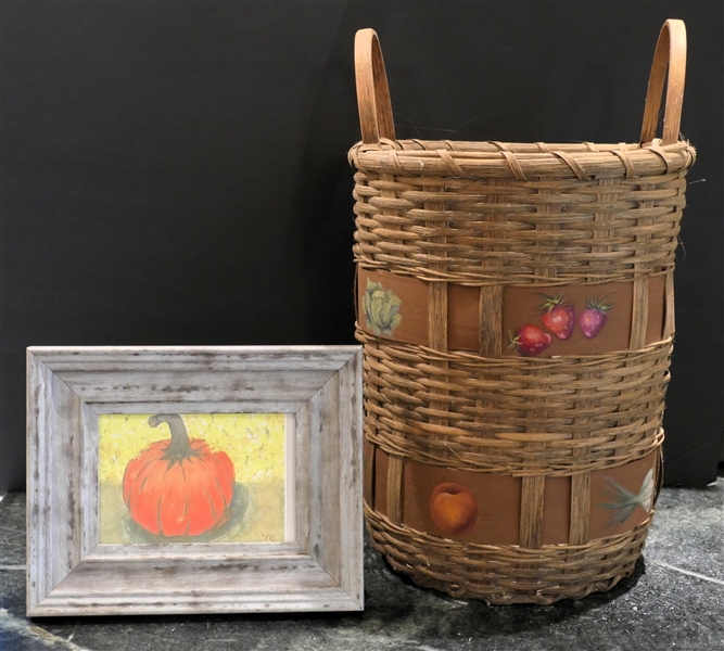 Hand Painted Garden Basket and Hand Painted Pumpkin Picture - Signed MR - Basket Measures 13 1/2" tall 11" wide - Frame Measures 7 1/2" by 9 1/2"