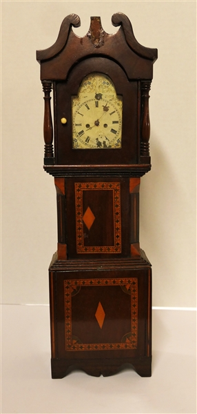 Miniature Tall Case Clock with Elgin Pocket Watch Movement - Mahogany Inlaid Case - Broken Arch Top  - Elgin Movement Number 1614256 - Case Measures 16 1/4" Tall 5" by 3 1/2" - Small Piece of Wood...