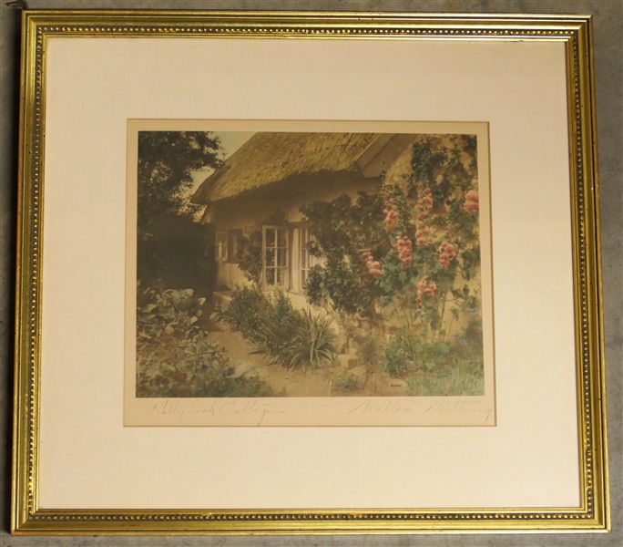 "Holly Hock Cottage" by Wallace Nutting - Hand Colored - Signed by The Artist - Framed and Matted - Frame Measures 14 1/2" by 16" 