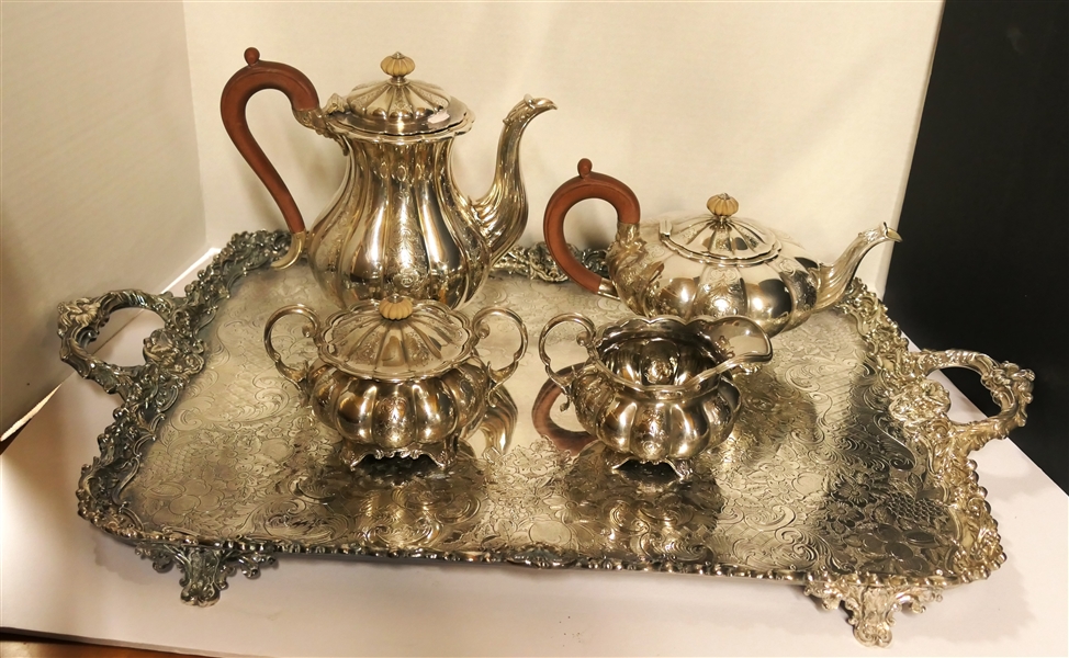 Outstanding Ellis Barker Silver Company Tea Service - Tea Pot, Coffee Pot, Cream, Sugar, and Incredible Tray  - Marked with Shells and SM Monogram - Date 1912 - North Wind Faces Adorn Sides of Tray...